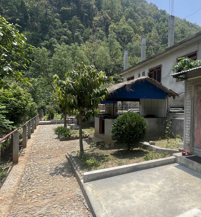 The stone path and garden, the thatched sitting hut, the row of rooms behind it and Sal forest on the hill above